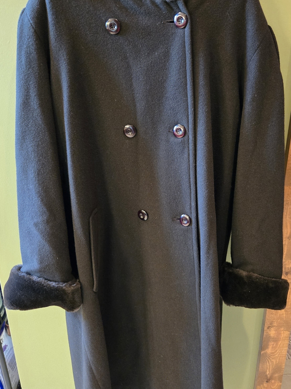 Classic Hooded Womens Black Double-Breasted Wool Coat with Faux Fur Cuffs